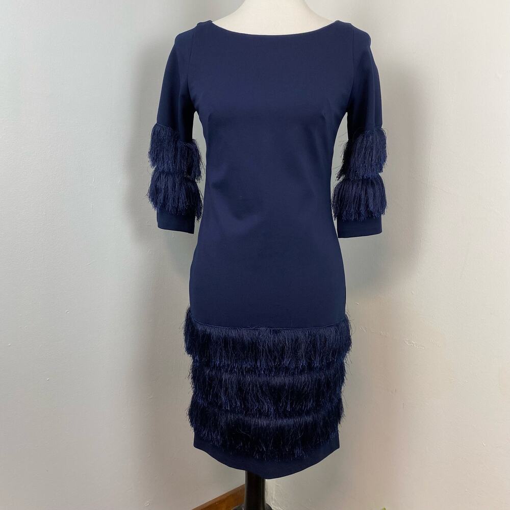 Eva Franco Navy Yelena Tiered Fringe Half Sleeve Sheath Dress Size 6
